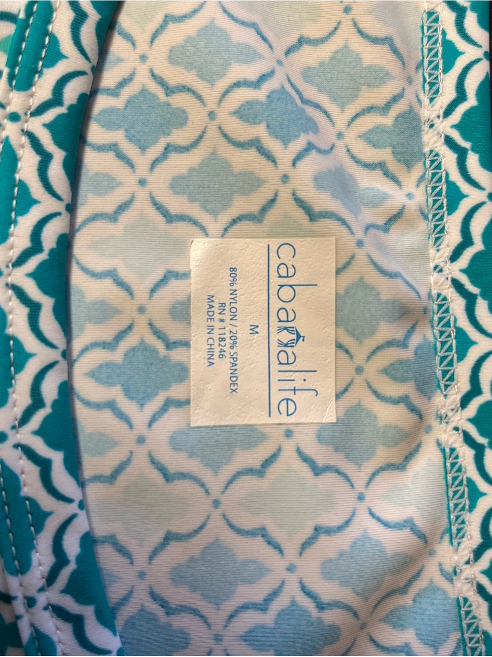 Cabana Life Teal and White Geometric Long-Sleeve Dress with Orange Pocket Trim - Picture 3 of 4